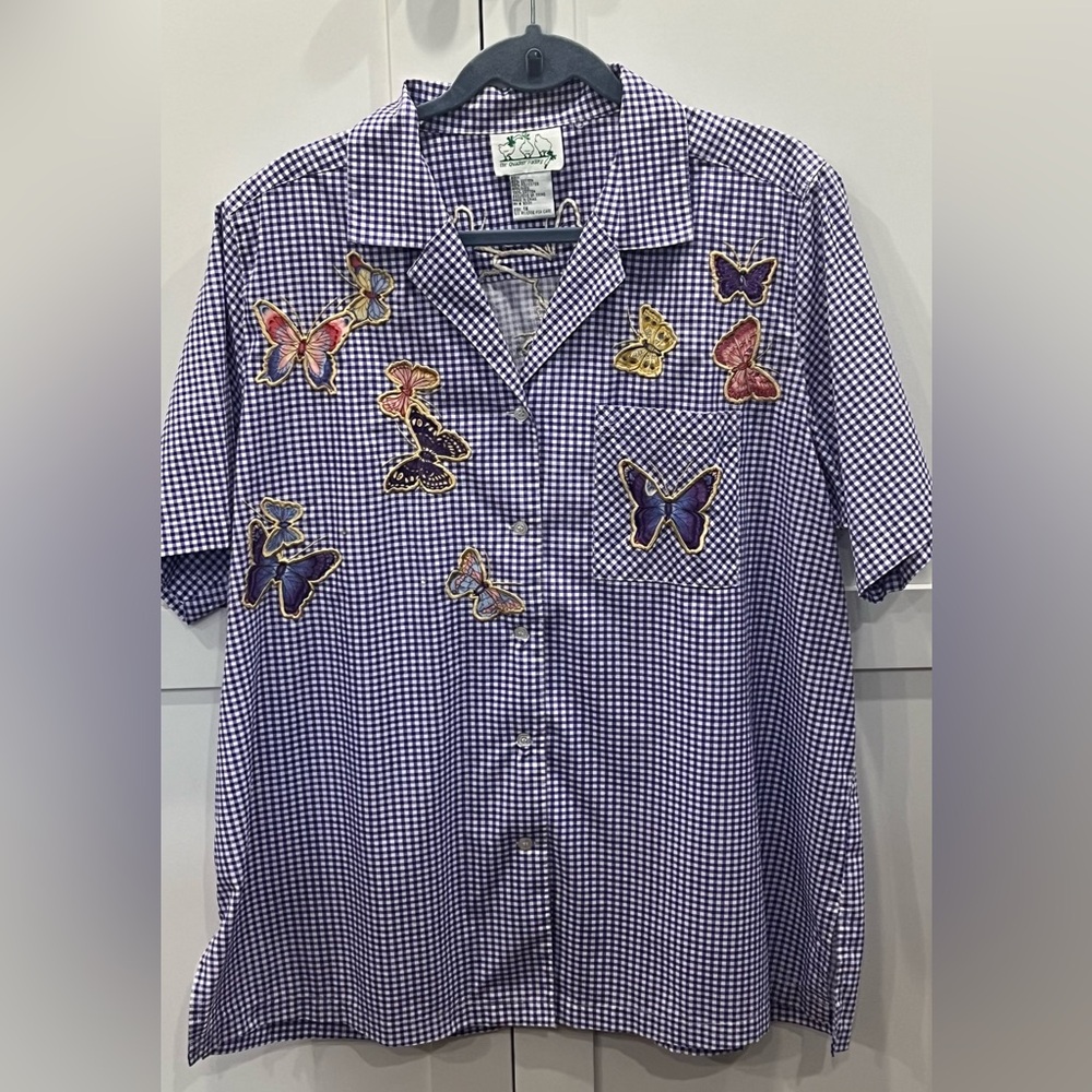 Quacker Factory Blue/White Gingham Embroidered Button down Shirt